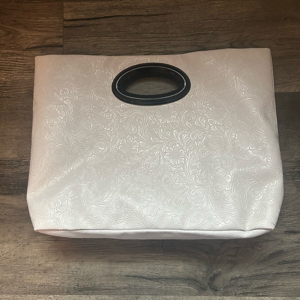Ivory Embossed White Tote Bag with Black Oval Handle